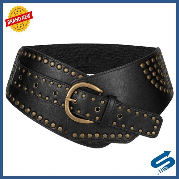 Vintage Wide Elastic Waist Belt with Studded Rivets Metal Buckle main image 6